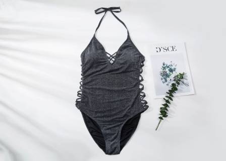 Maillot 1 pièce noir pailletté pour femme avec décolleté & côtés lacés - DAG ADOM 